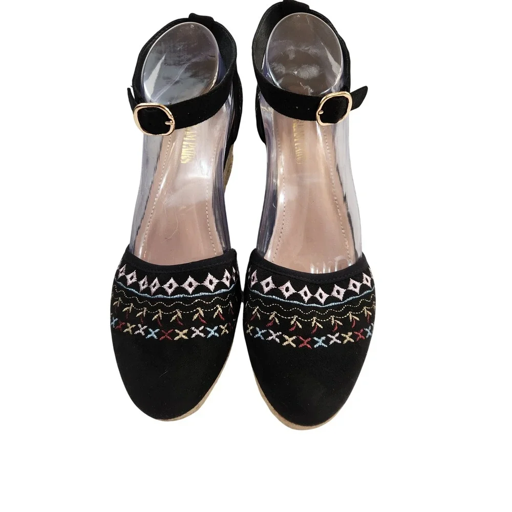 Dream Pairs Womens Black Embroidered Wedge Ankle StrapEspadrille Sandals Size 10